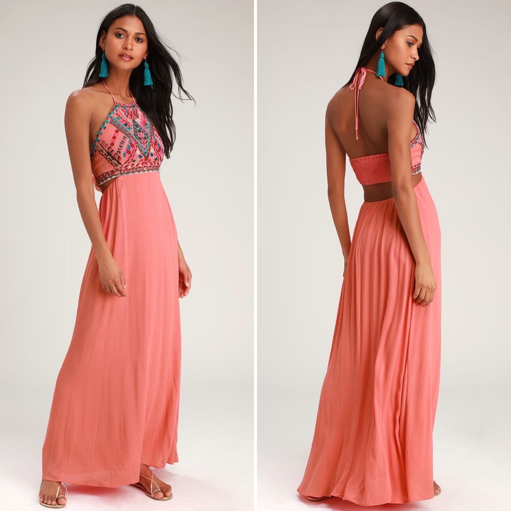 Little Beach Coral Pink Embroidered Maxi Dress